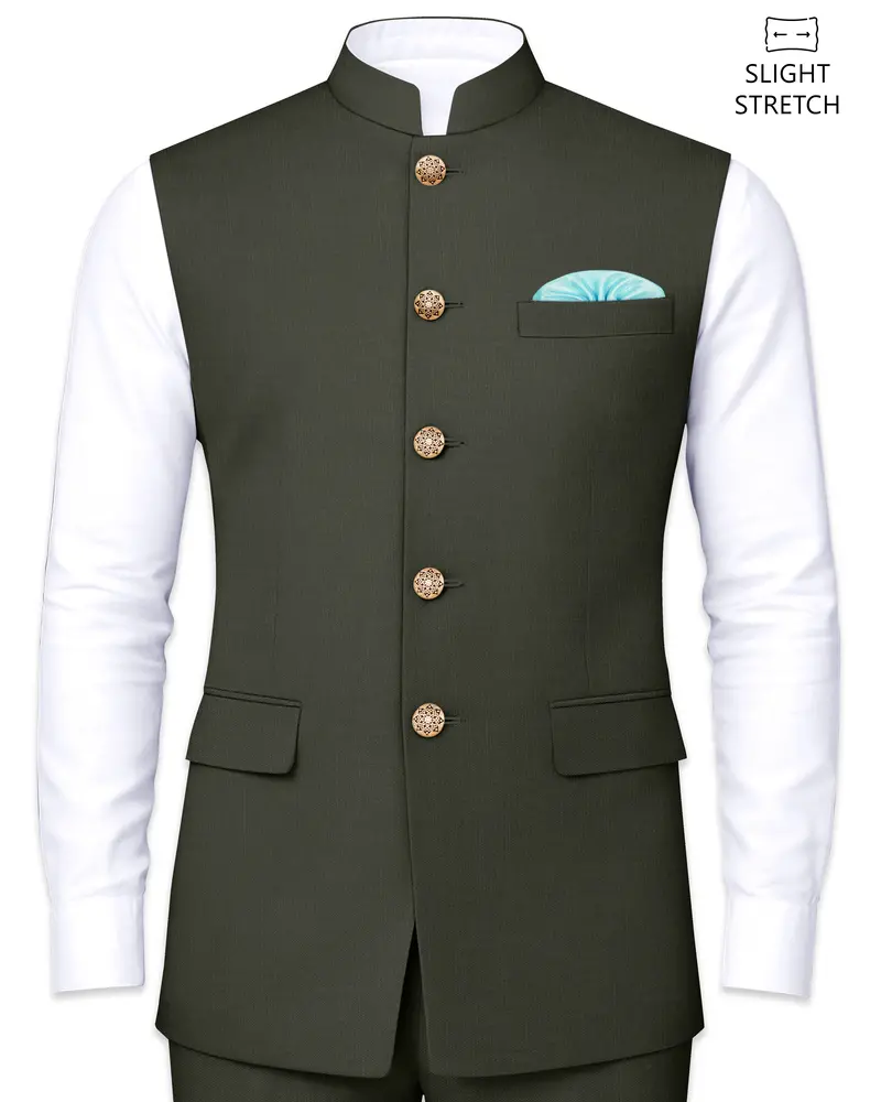 Verdant Majesty-Juniper Green Solid Wool Rich Slight Stretch Nehru Jacket 1