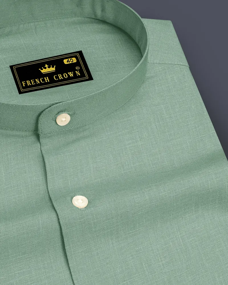 Verdant-Mantle Green Luxurious Linen Mandarin Dress Shirt 1