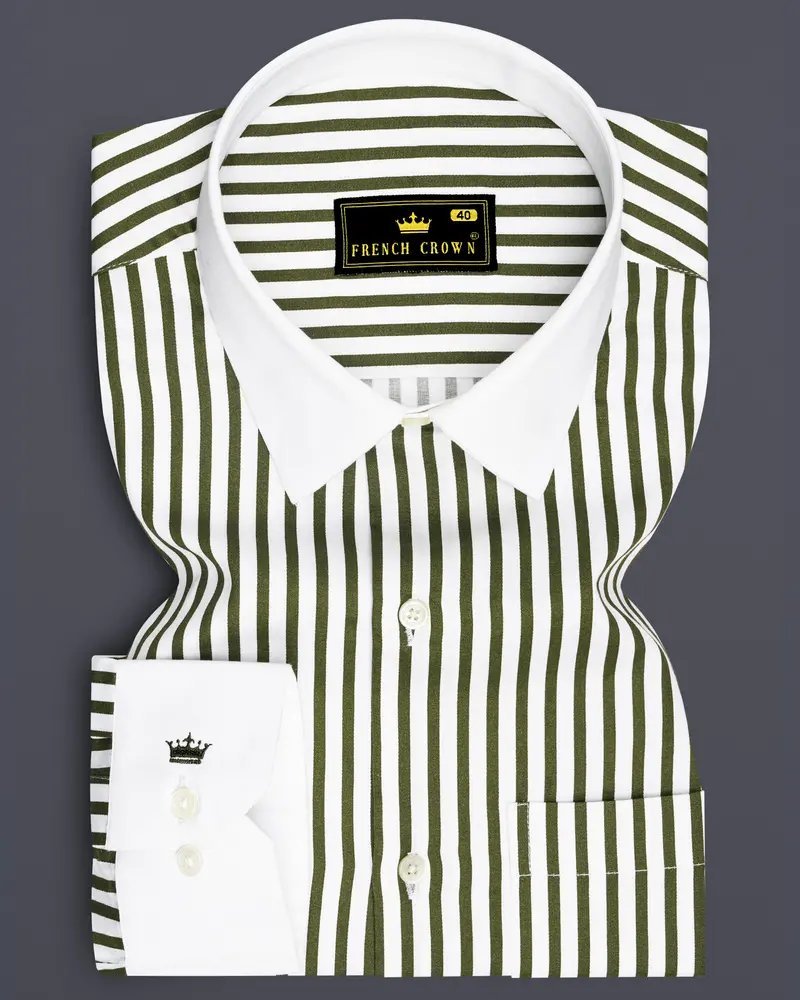 Verdant-Verdigris Green And Bright White Candy Striped Super Soft Premium Cotton Dress White Cuff Collar Shirt 1