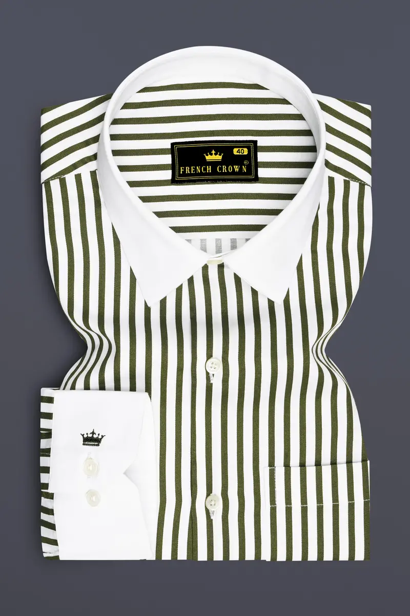 Verdant-Verdigris Green And Bright White Candy Striped Super Soft Premium Cotton Dress White Cuff Collar Shirt 2