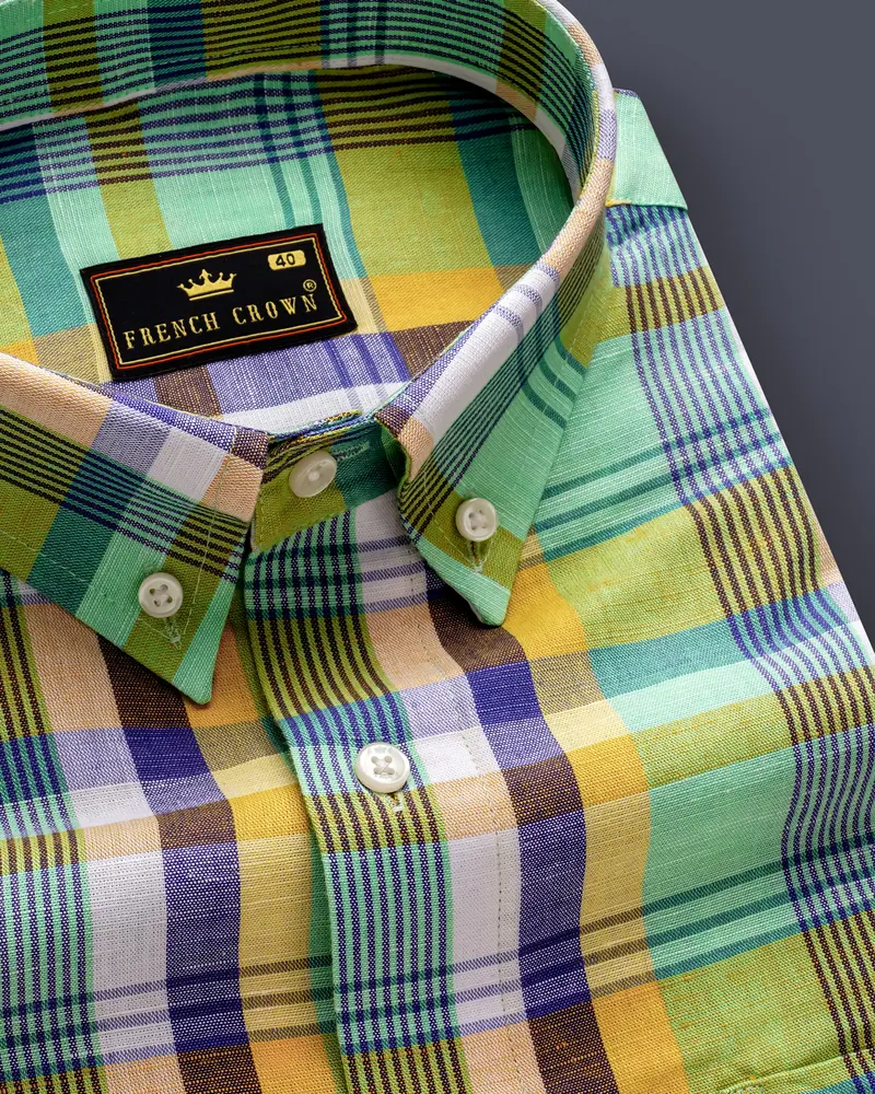 Verdantgrid-Vista Green And Jacarta Blue Plaid Luxurious Linen Casual Shirt 1