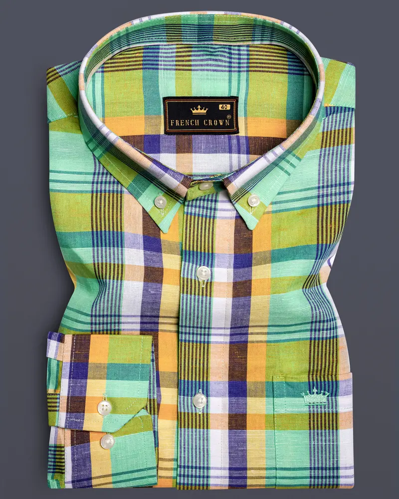 Verdantgrid-Vista Green And Jacarta Blue Plaid Luxurious Linen Casual Shirt 10