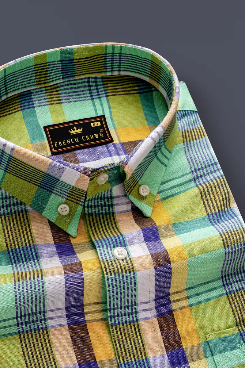 Verdantgrid-Vista Green And Jacarta Blue Plaid Luxurious Linen Casual Shirt 2