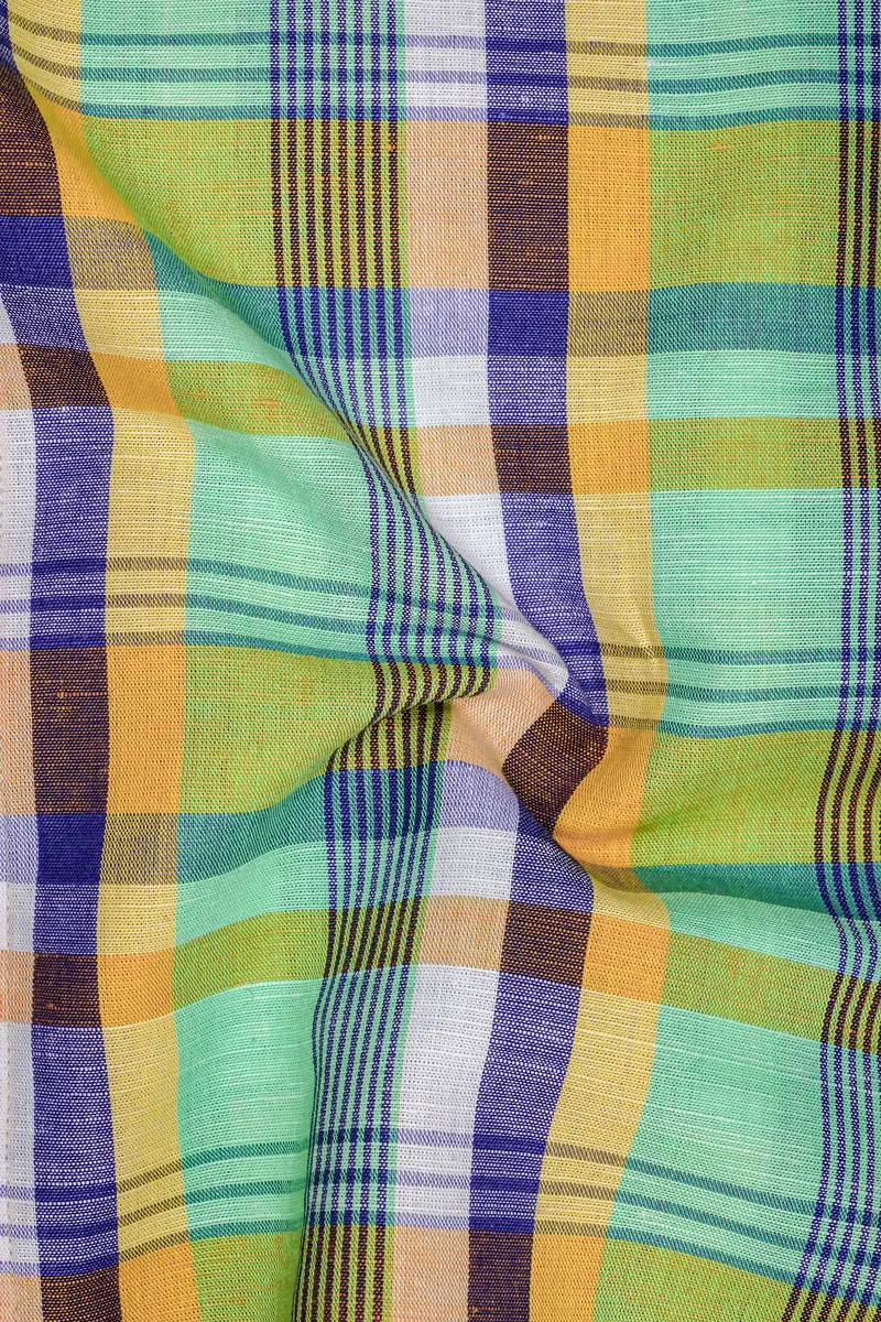 Verdantgrid-Vista Green And Jacarta Blue Plaid Luxurious Linen Casual Shirt 3