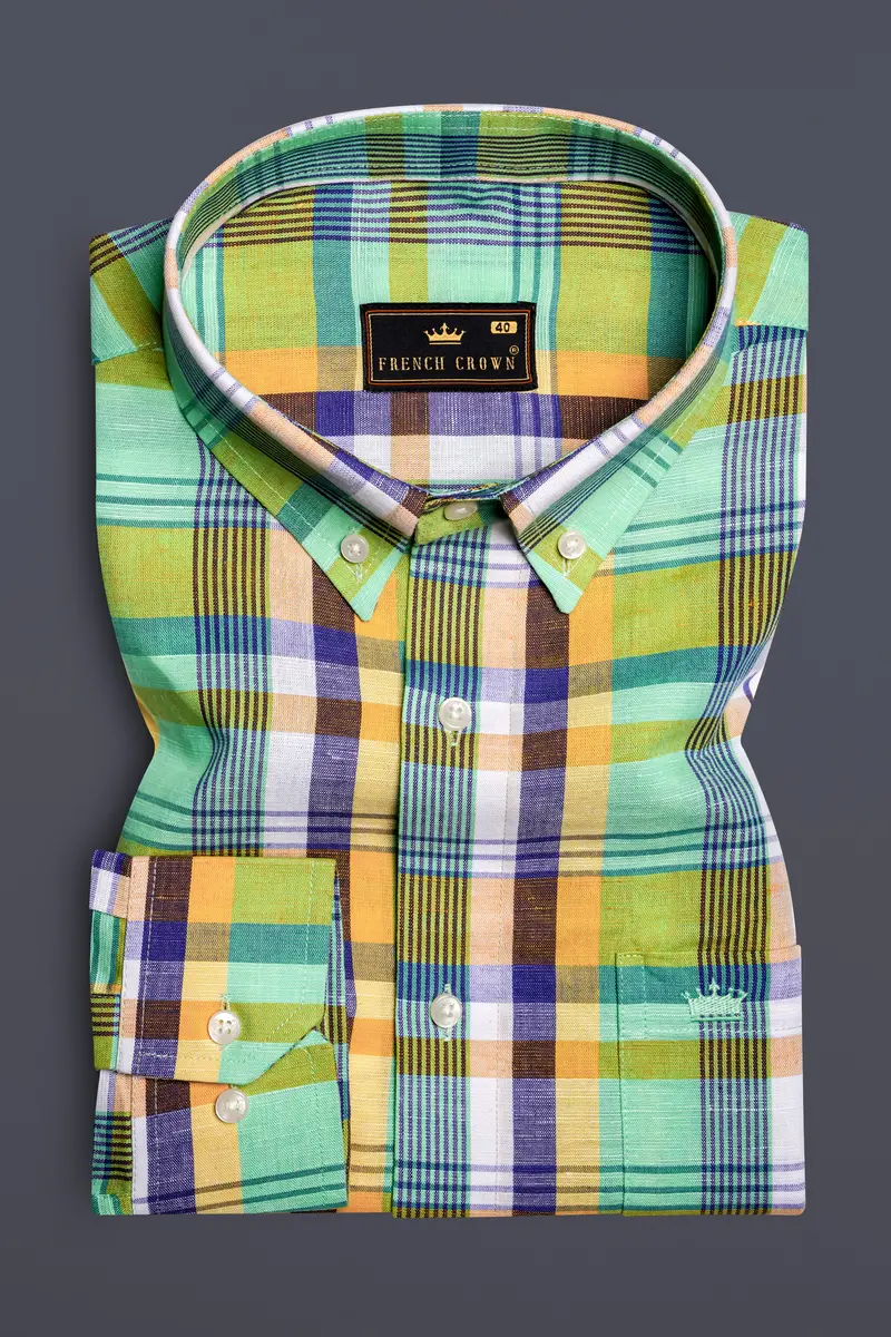 Verdantgrid-Vista Green And Jacarta Blue Plaid Luxurious Linen Casual Shirt 4