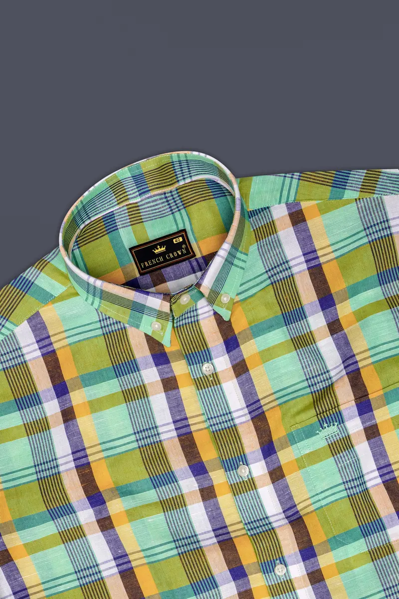 Verdantgrid-Vista Green And Jacarta Blue Plaid Luxurious Linen Casual Shirt 5