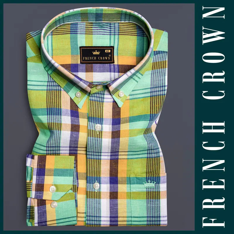 Verdantgrid-Vista Green And Jacarta Blue Plaid Luxurious Linen Casual Shirt 6