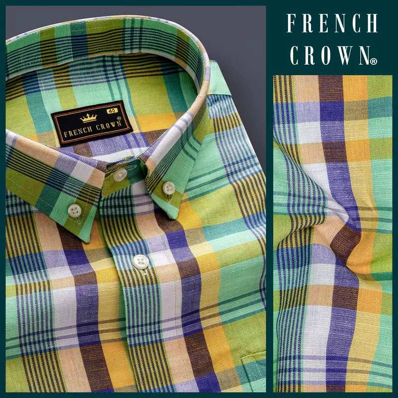 Verdantgrid-Vista Green And Jacarta Blue Plaid Luxurious Linen Casual Shirt 8