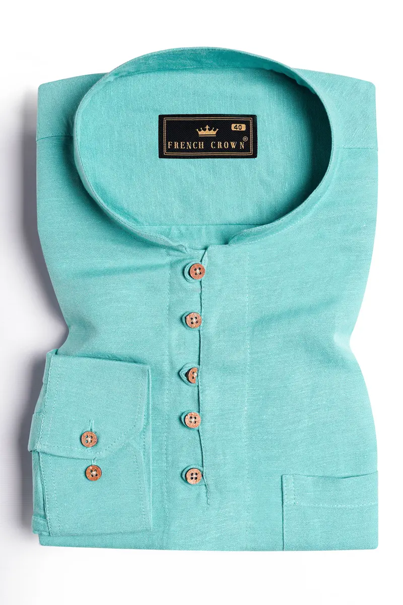 Verdigris Blue Luxurious Linen Kurta Shirt 2