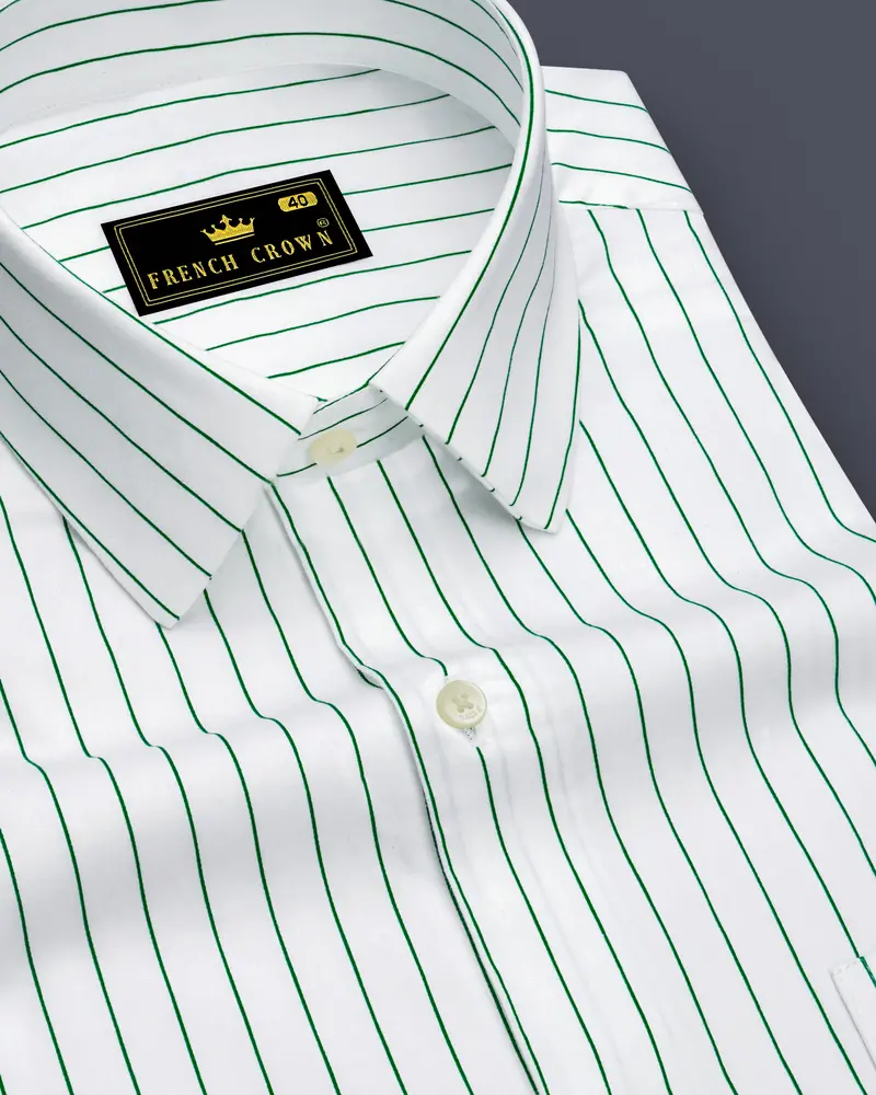 Verdoro-Bright White And Camarone Green Pin Striped Subtle Sheen Super Soft Premium Cotton Dress Shirt 1