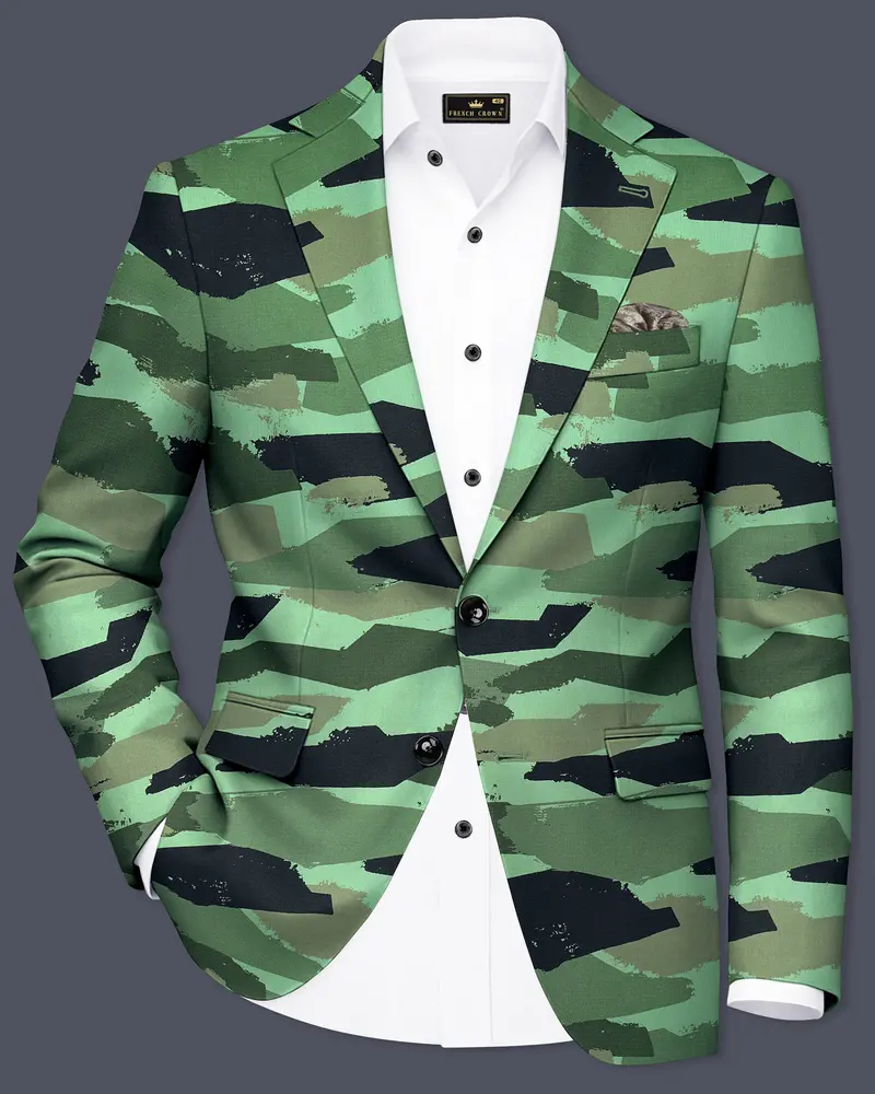 Verdvoro-Pale Green And Firefly Blue Camouflage Printed Premium Cotton Single Breasted Blazer 1