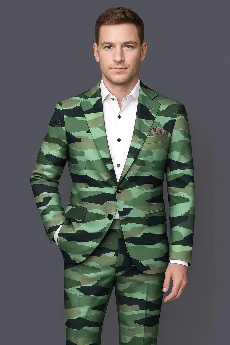 Verdvoro-Pale Green And Firefly Blue Camouflage Printed Premium Cotton Single Breasted Blazer 10