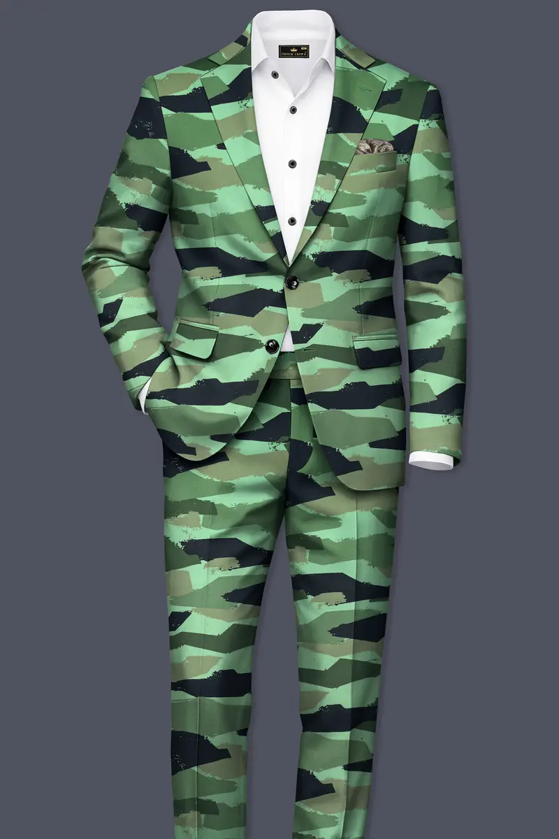 Verdvoro-Pale Green And Firefly Blue Camouflage Printed Premium Cotton Single Breasted Blazer 9