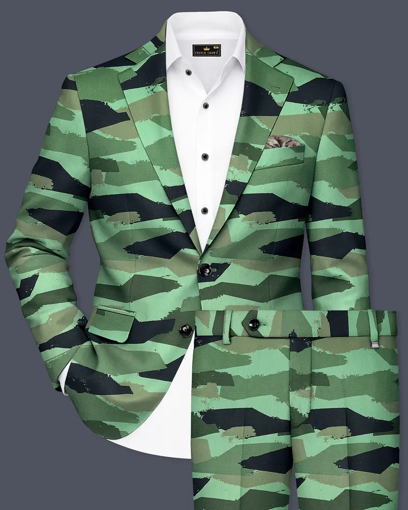 Verdvoro-Pale Green And Firefly Blue Camouflage Printed Premium Cotton Single Breasted Suit 1