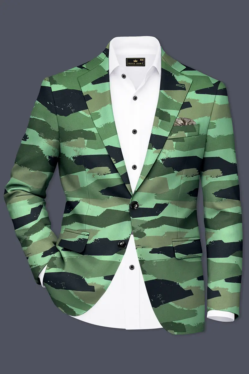 Verdvoro-Pale Green And Firefly Blue Camouflage Printed Premium Cotton Single Breasted Suit 10