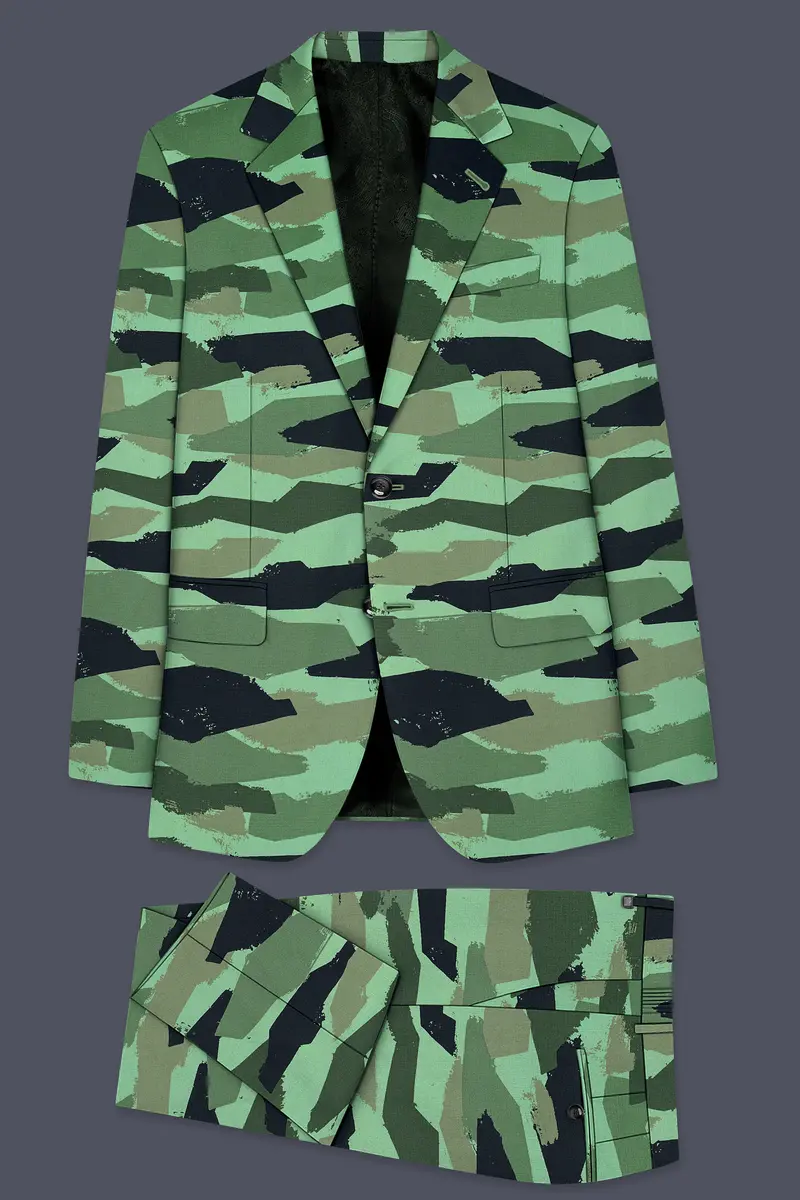 Verdvoro-Pale Green And Firefly Blue Camouflage Printed Premium Cotton Single Breasted Suit 11
