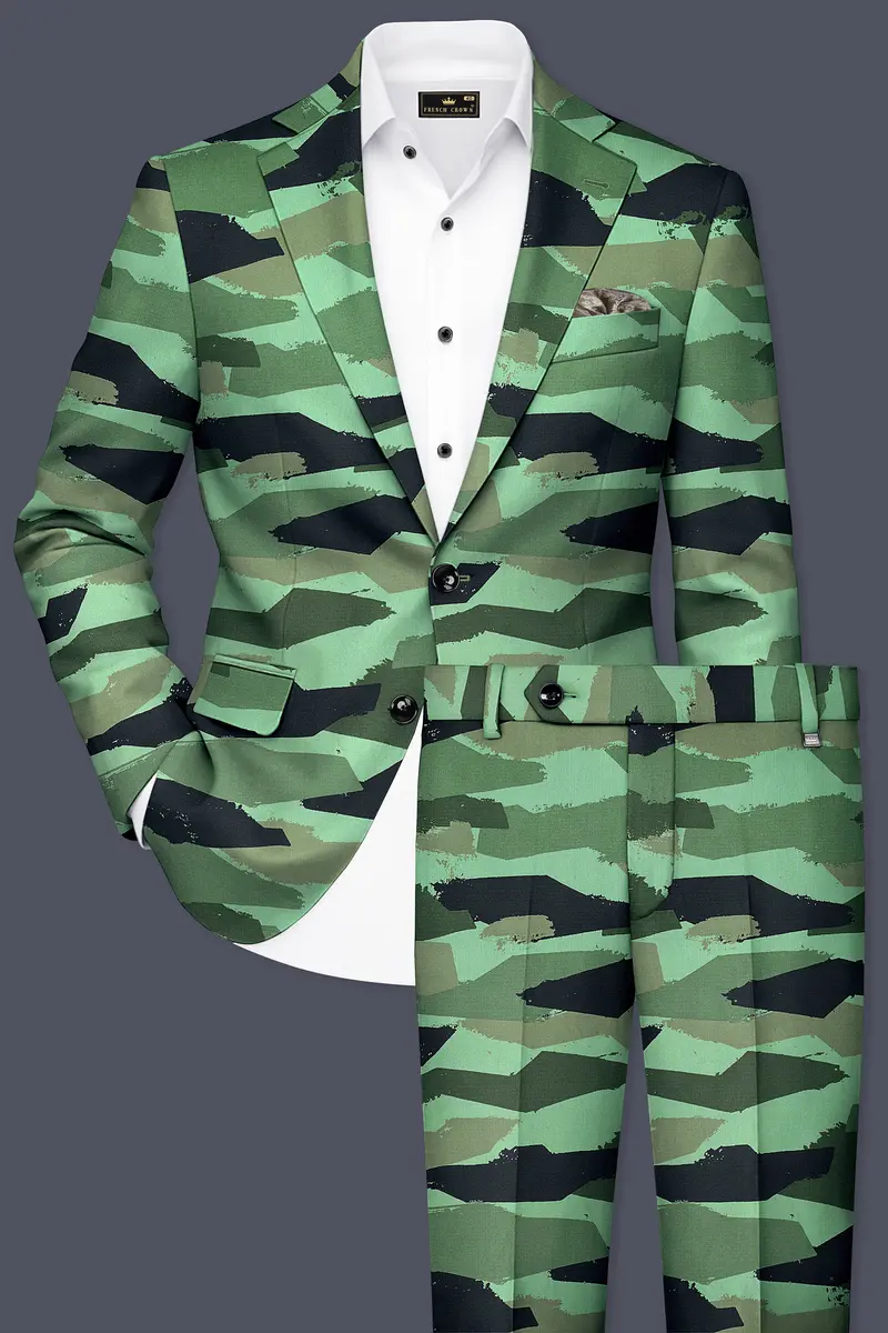 Verdvoro-Pale Green And Firefly Blue Camouflage Printed Premium Cotton Single Breasted Suit 2