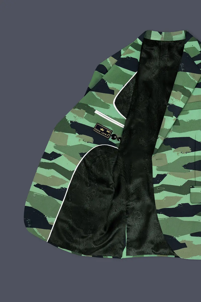 Verdvoro-Pale Green And Firefly Blue Camouflage Printed Premium Cotton Single Breasted Suit 6