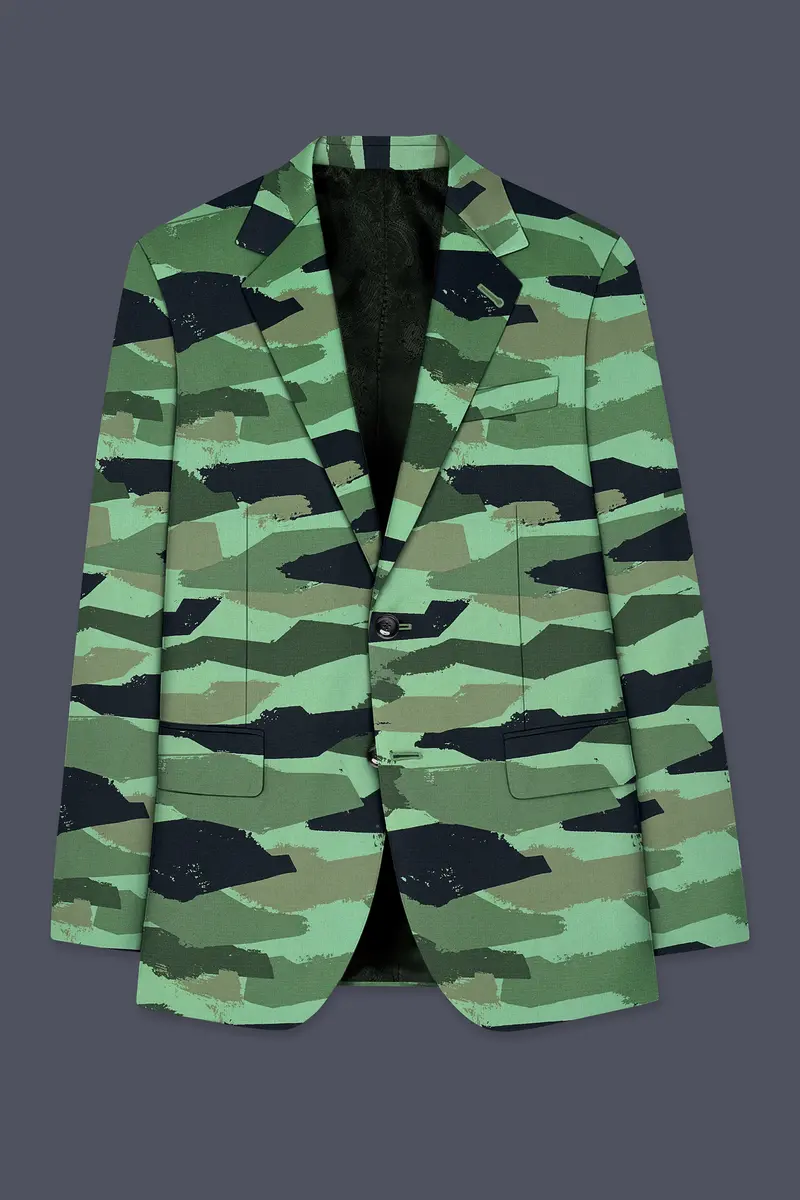 Verdvoro-Pale Green And Firefly Blue Camouflage Printed Premium Cotton Single Breasted Suit 8