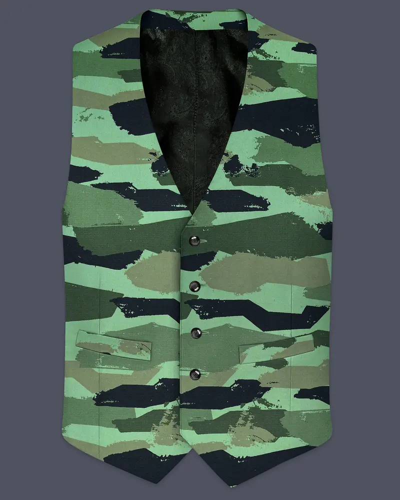 Verdvoro-Pale Green And Firefly Blue Camouflage Printed Premium Cotton Waistcoat 1