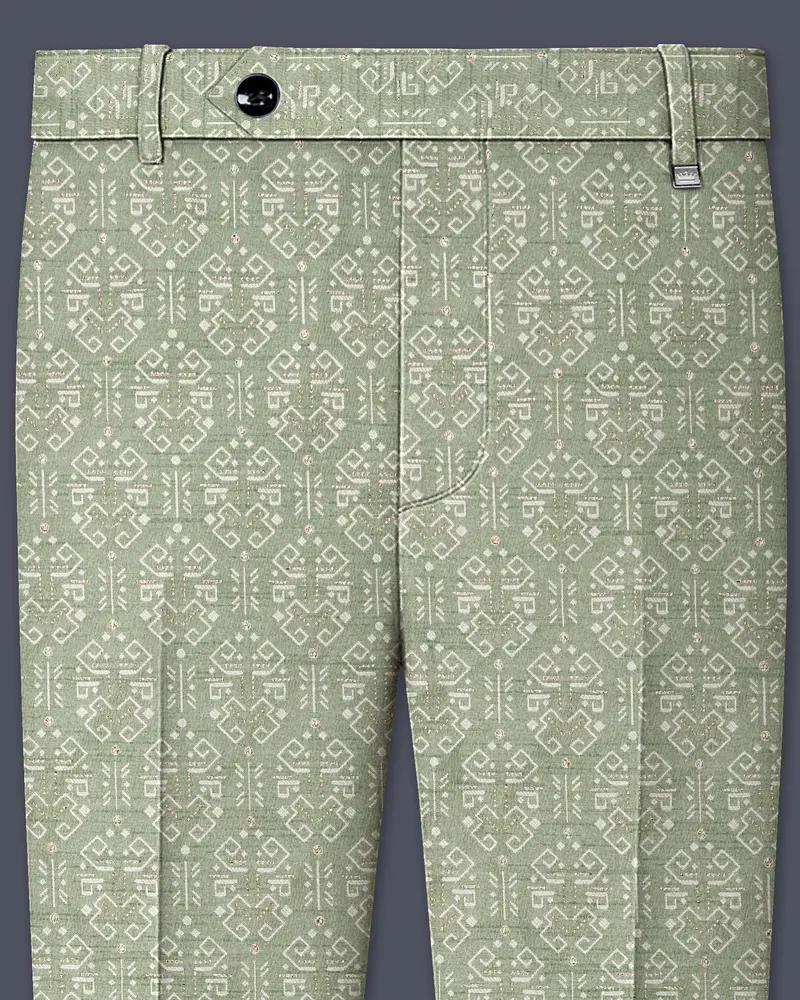 Verlino-Pumice Green And White Jacquard Textured Designer Stretchable Waistband Pant 1