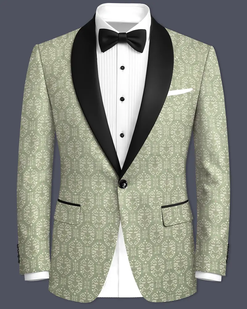 Verlino-Pumice Green And White Jacquard Textured Designer Tuxedo Blazer 1