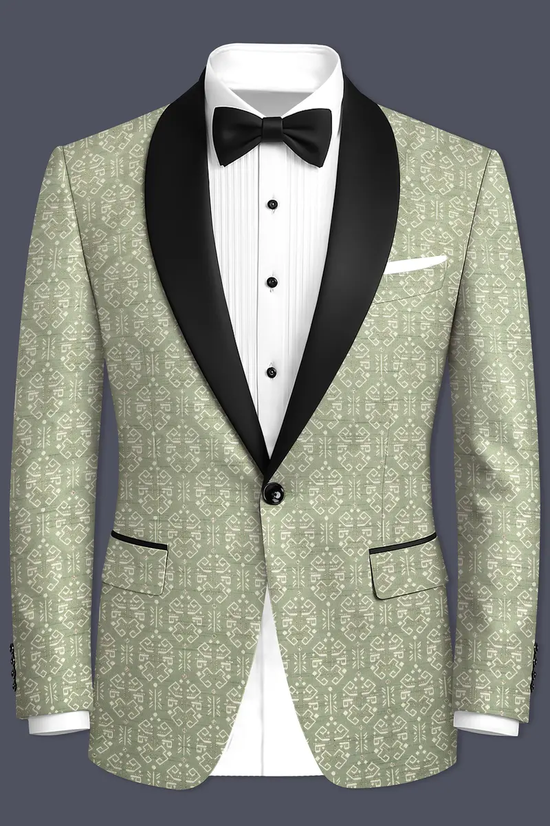 Verlino-Pumice Green And White Jacquard Textured Designer Tuxedo Blazer 2