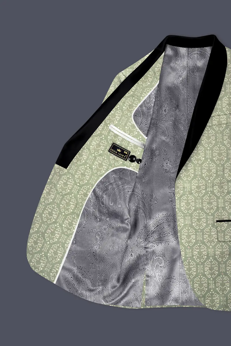 Verlino-Pumice Green And White Jacquard Textured Designer Tuxedo Blazer 4