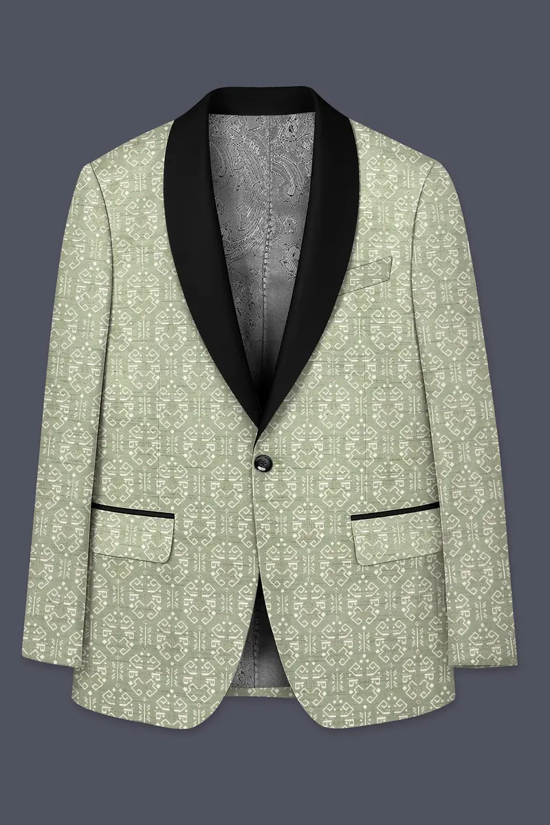 Verlino-Pumice Green And White Jacquard Textured Designer Tuxedo Blazer 7