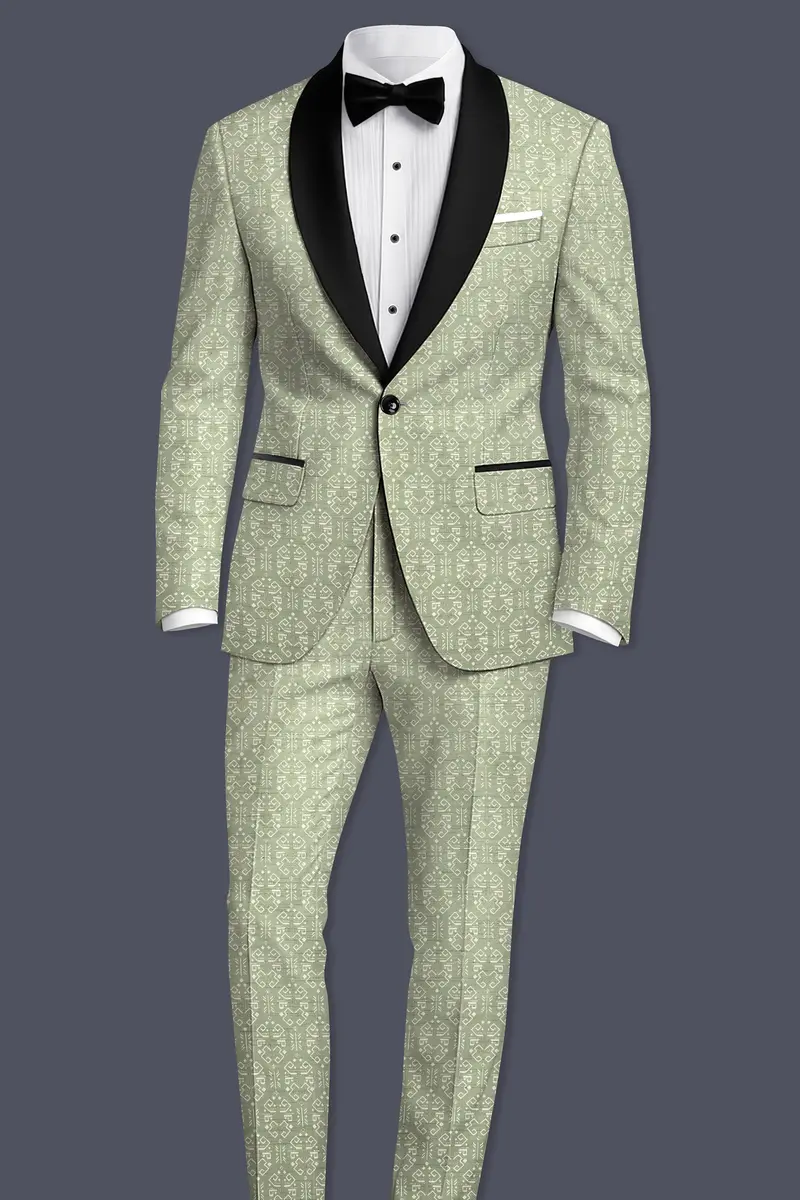 Verlino-Pumice Green And White Jacquard Textured Designer Tuxedo Blazer 9