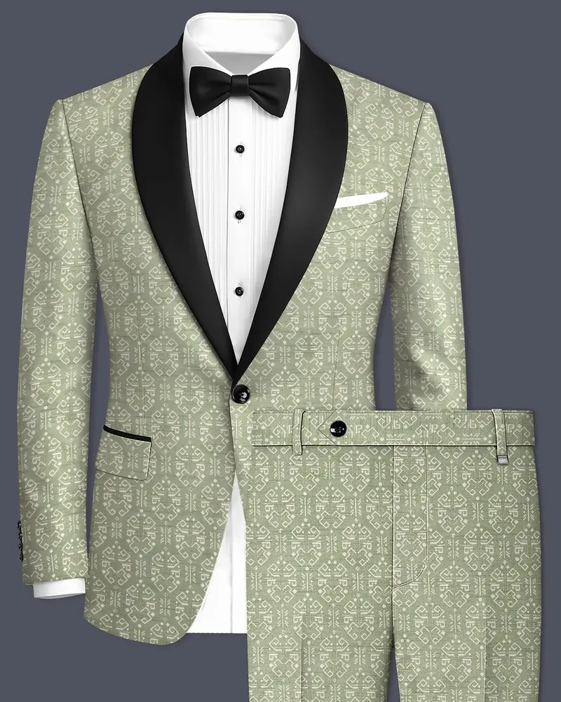 Verlino-Pumice Green And White Jacquard Textured Designer Tuxedo Suit 1