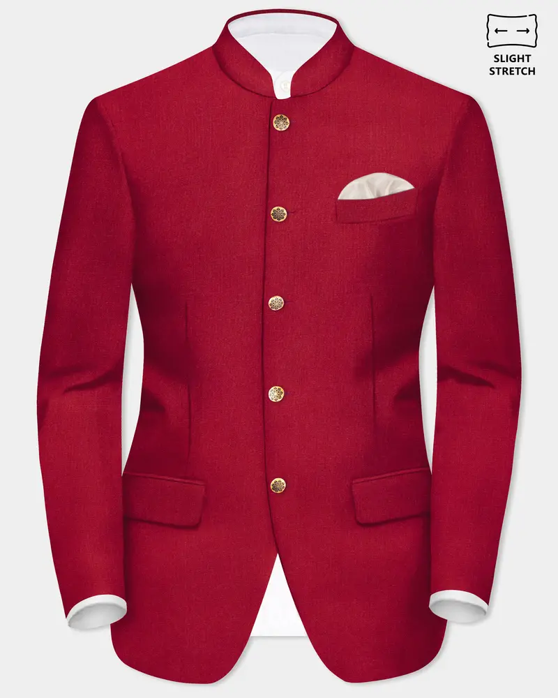 Vermilion-Chili Red Solid Wool Rich Bandhgala Slight Stretch Blazer 1