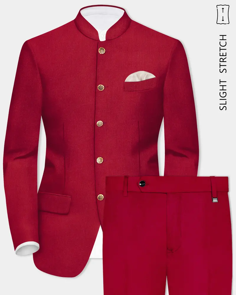 Vermilion-Chili Red Solid Wool Rich Bandhgala Slight Stretch Suit 1