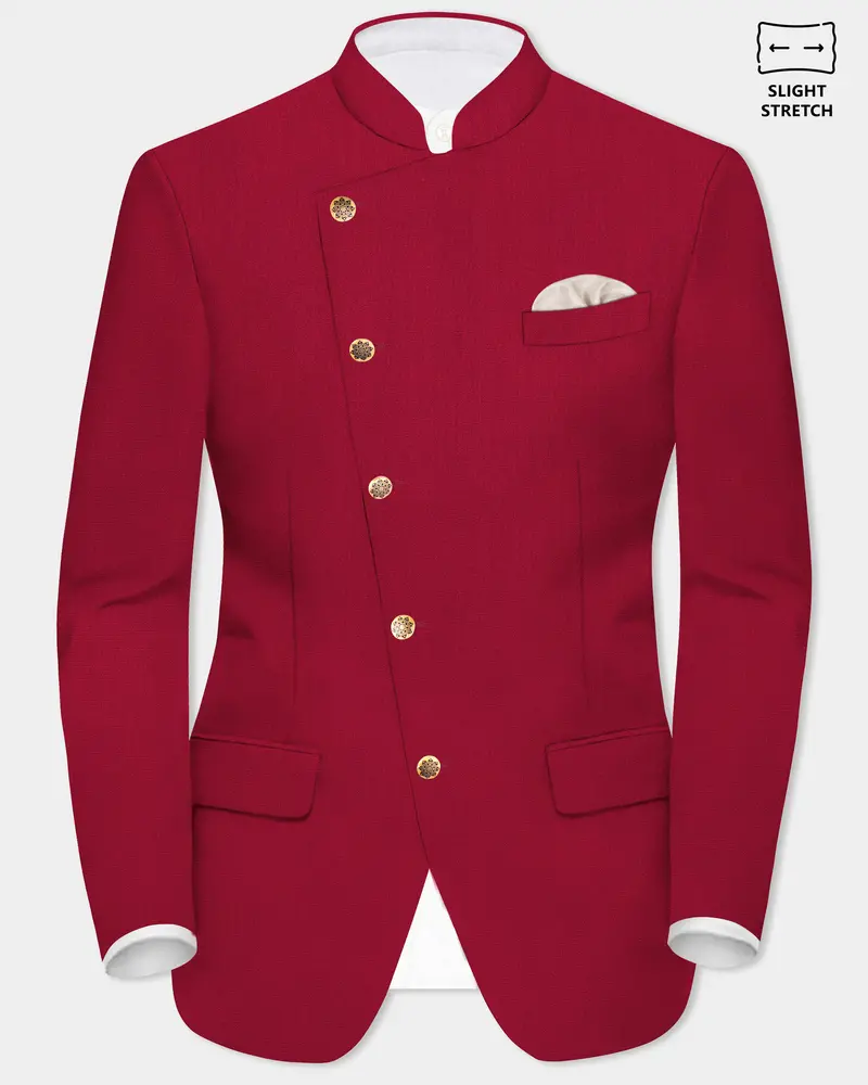 Vermilion-Chili Red Solid Wool Rich Cross Placket Bandhgala Slight Stretch Blazer 1