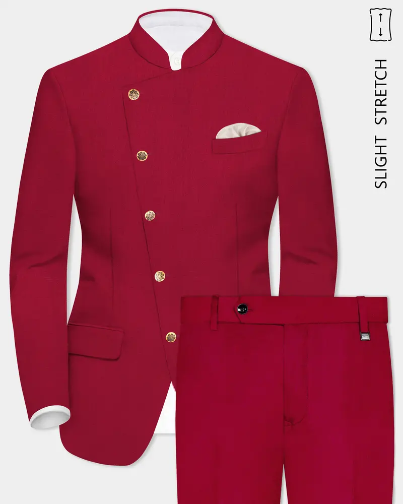Vermilion-Chili Red Solid Wool Rich Cross Placket Bandhgala Slight Stretch Suit 1