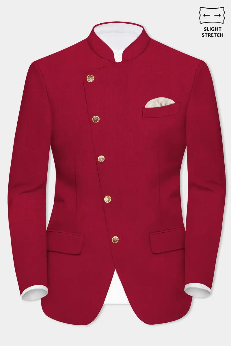 Vermilion-Chili Red Solid Wool Rich Cross Placket Bandhgala Slight Stretch Suit 10