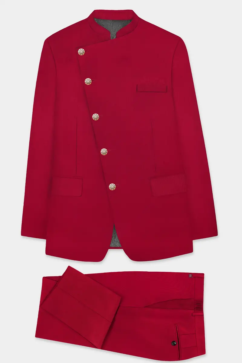 Vermilion-Chili Red Solid Wool Rich Cross Placket Bandhgala Slight Stretch Suit 11
