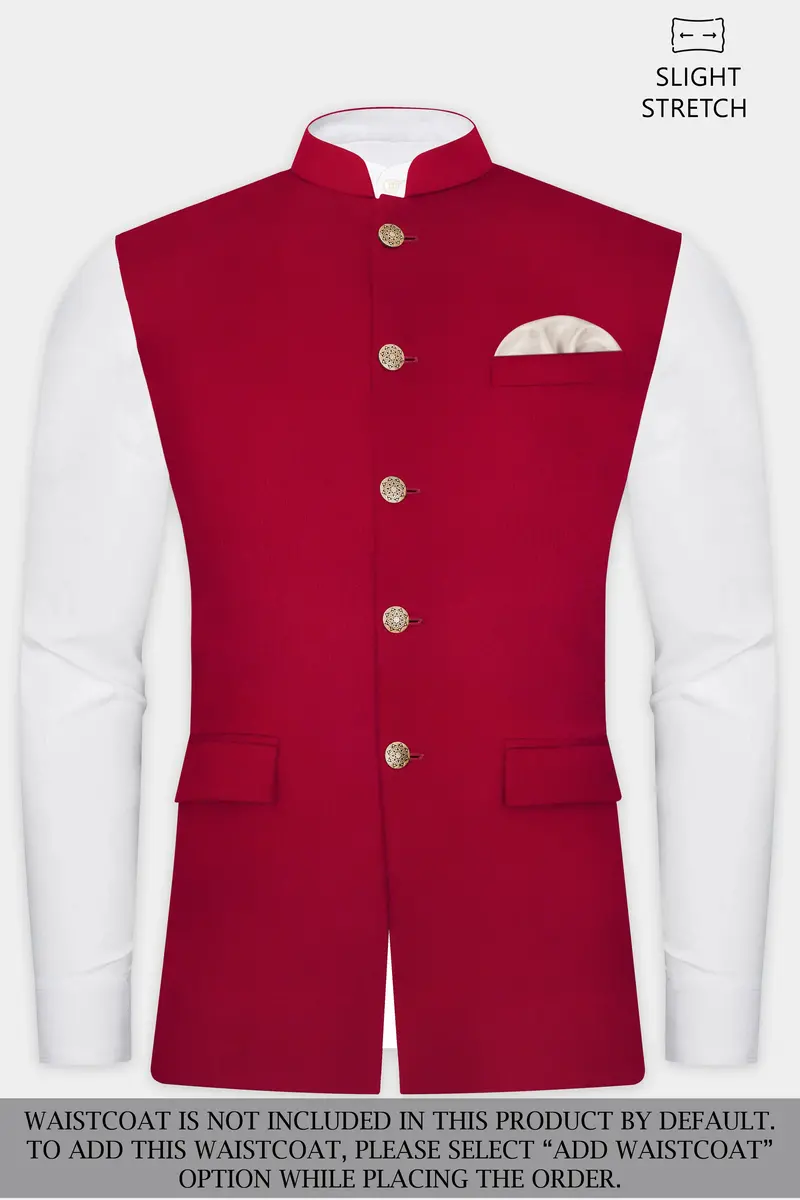Vermilion-Chili Red Solid Wool Rich Cross Placket Bandhgala Slight Stretch Suit 16
