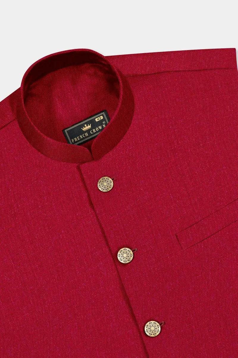 Vermilion-Chili Red Solid Wool Rich Cross Placket Bandhgala Slight Stretch Suit 18