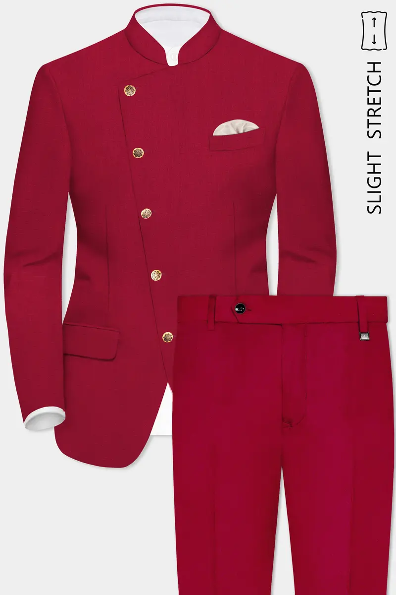 Vermilion-Chili Red Solid Wool Rich Cross Placket Bandhgala Slight Stretch Suit 2