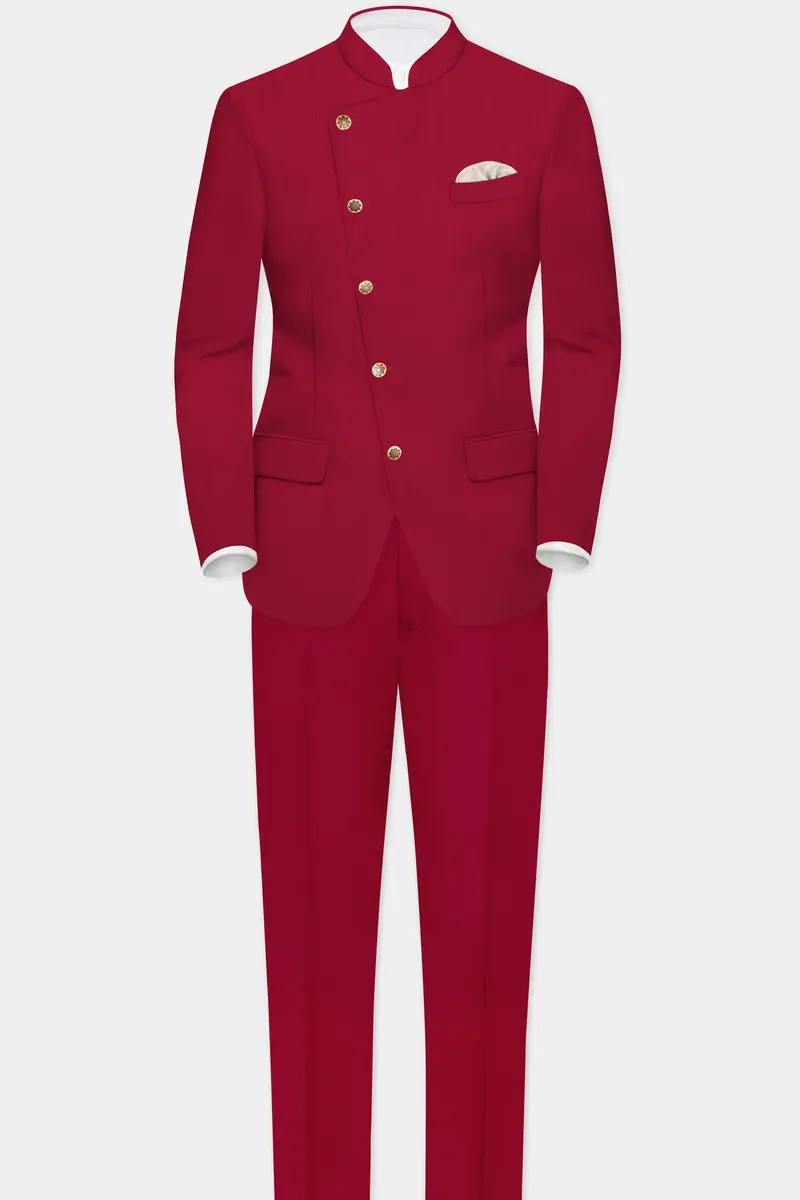 Vermilion-Chili Red Solid Wool Rich Cross Placket Bandhgala Slight Stretch Suit 4