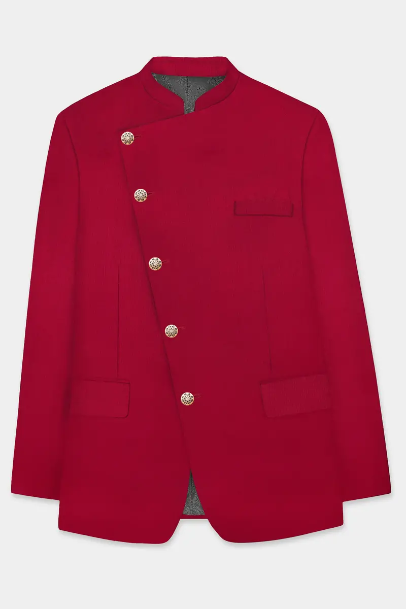 Vermilion-Chili Red Solid Wool Rich Cross Placket Bandhgala Slight Stretch Suit 8