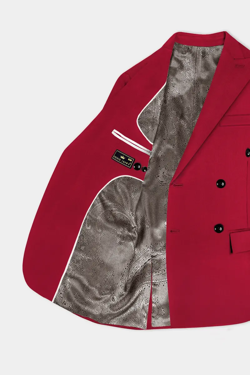 Vermilion-Chili Red Solid Wool Rich Double Breasted Slight Stretch Blazer 4