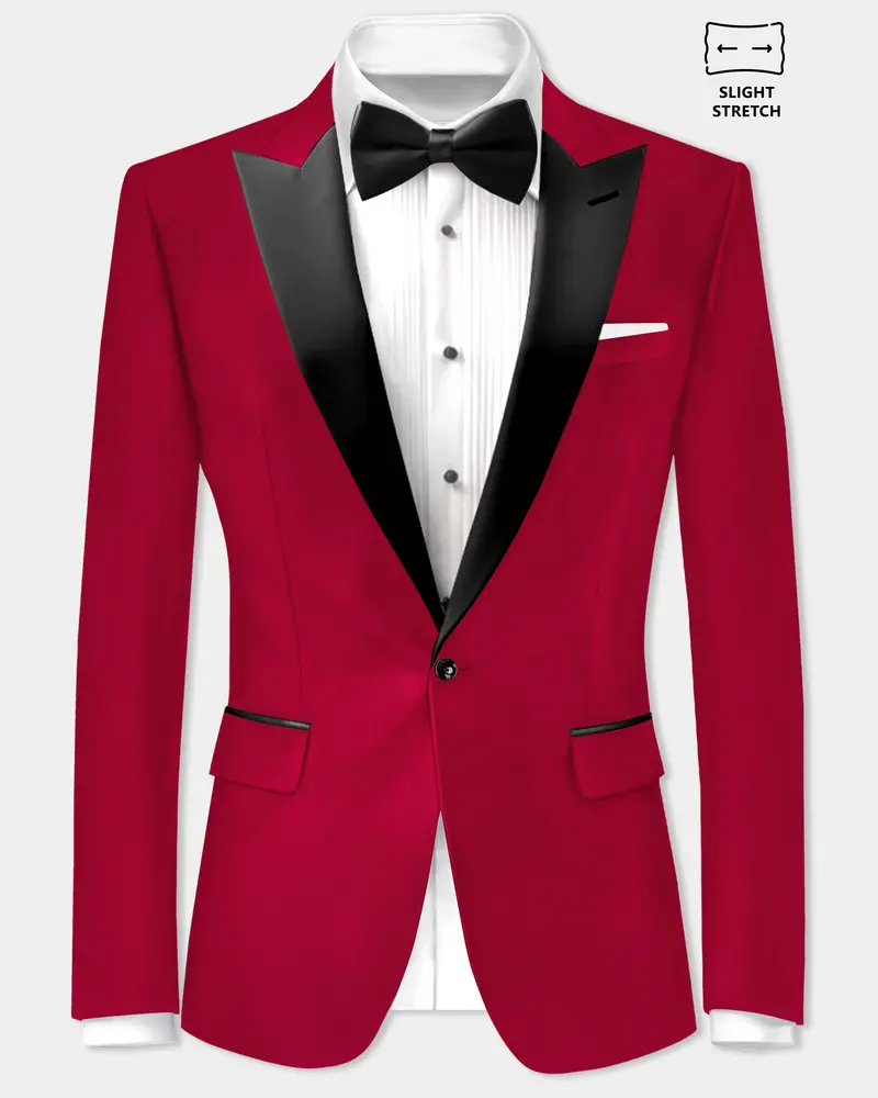 Vermilion-Chili Red Solid Wool Rich Peak Lapel Tuxedo Slight Stretch Blazer 1