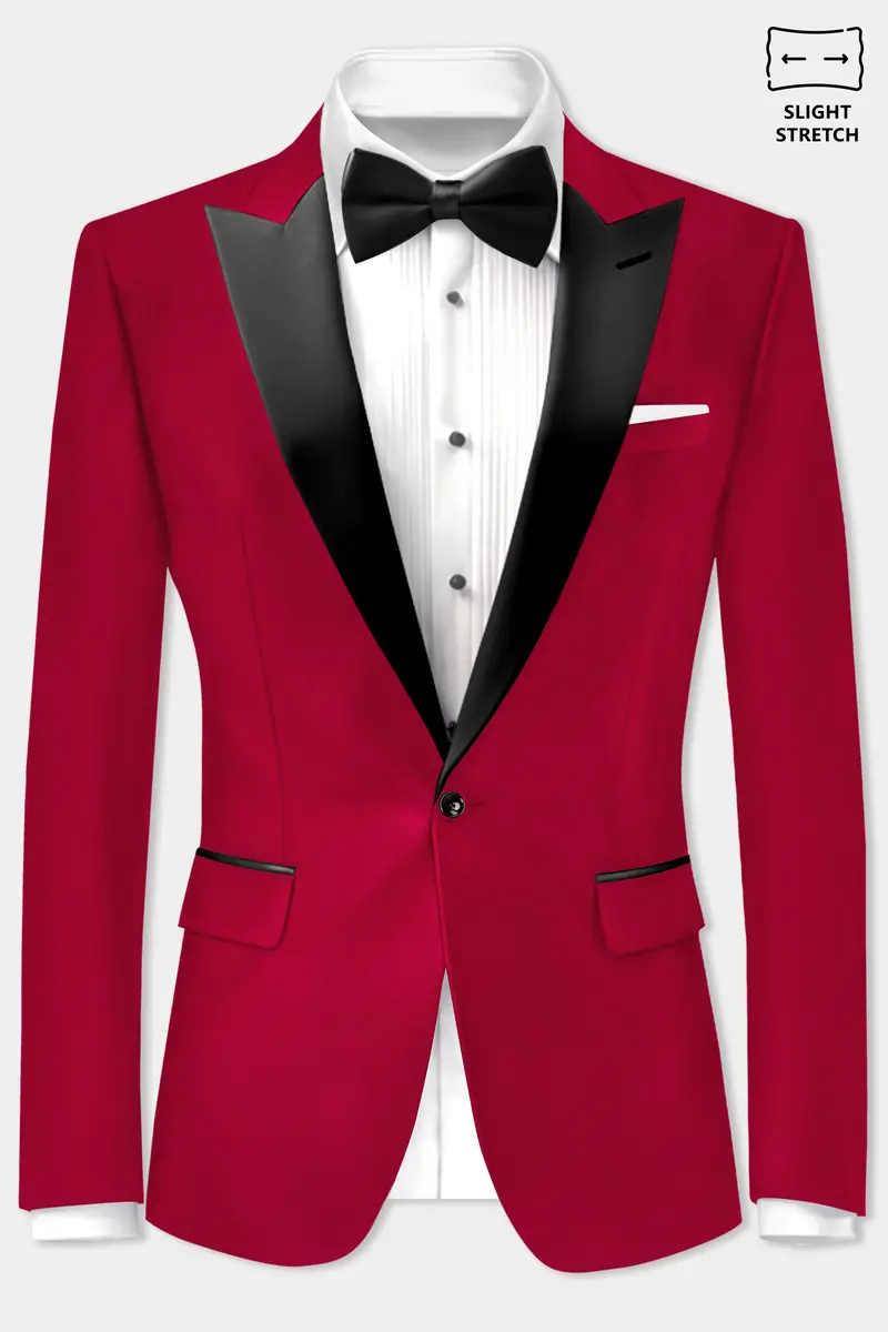 Vermilion-Chili Red Solid Wool Rich Peak Lapel Tuxedo Slight Stretch Blazer 2