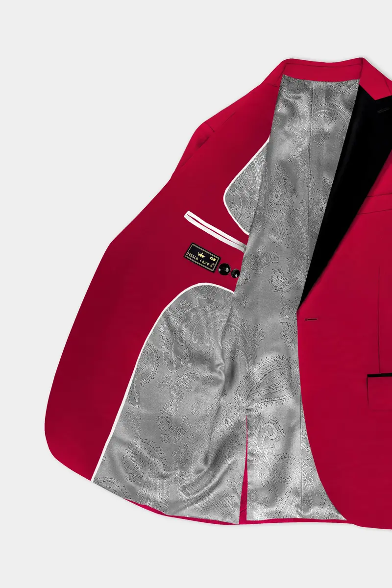 Vermilion-Chili Red Solid Wool Rich Peak Lapel Tuxedo Slight Stretch Blazer 4