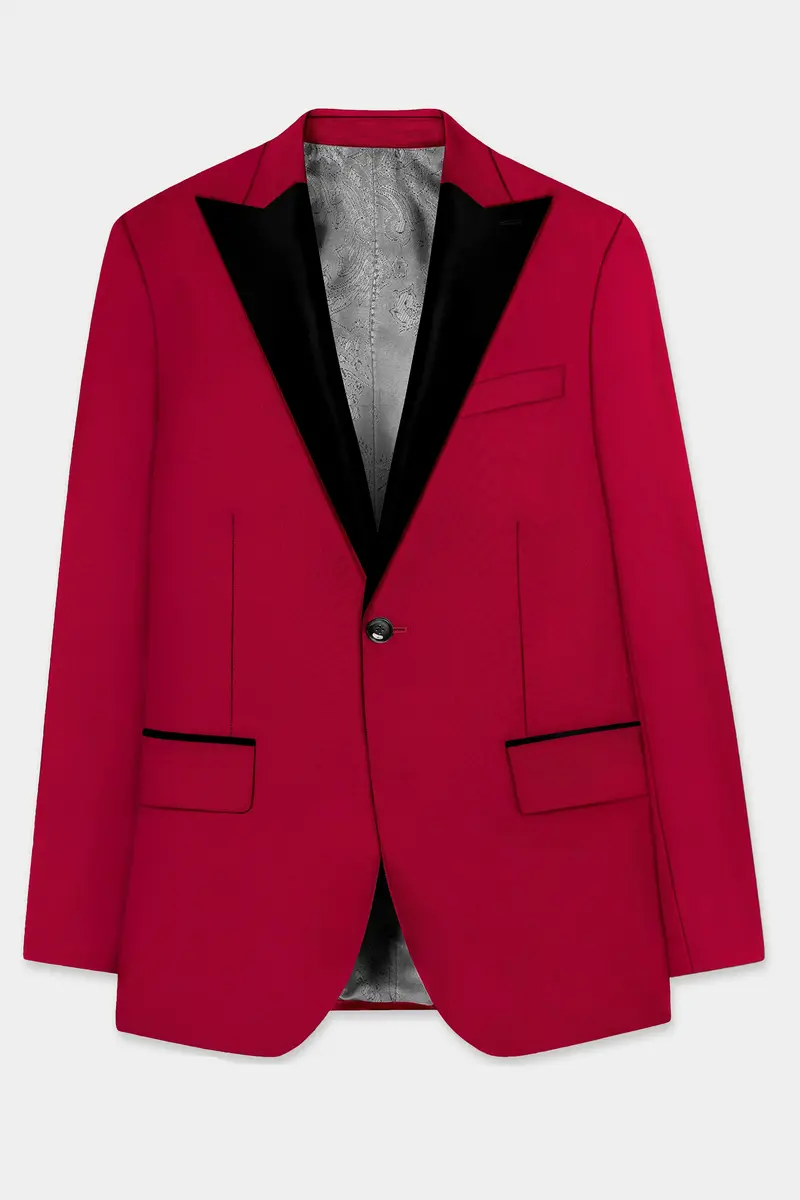 Vermilion-Chili Red Solid Wool Rich Peak Lapel Tuxedo Slight Stretch Blazer 7