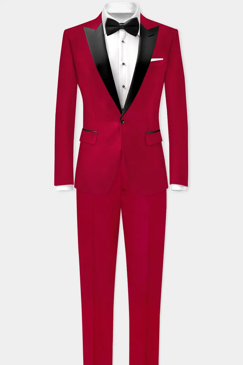 Vermilion-Chili Red Solid Wool Rich Peak Lapel Tuxedo Slight Stretch Blazer 9