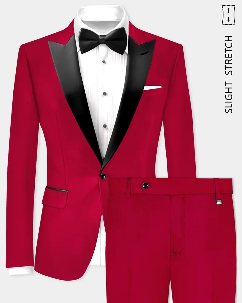 Vermilion-Chili Red Solid Wool Rich Peak Lapel Tuxedo Slight Stretch Suit 1