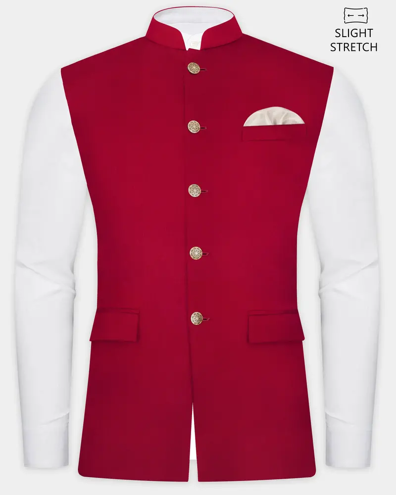 Vermilion-Chili Red Solid Wool Rich Slight Stretch Nehru Jacket 1